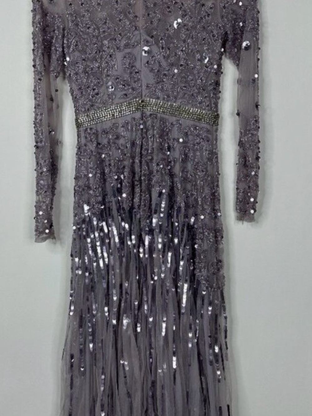 NWT Mac Duggal Illusion High Neck Long-Sleeve Tea Length Dress Lilac #9857 - Picture 5 of 7